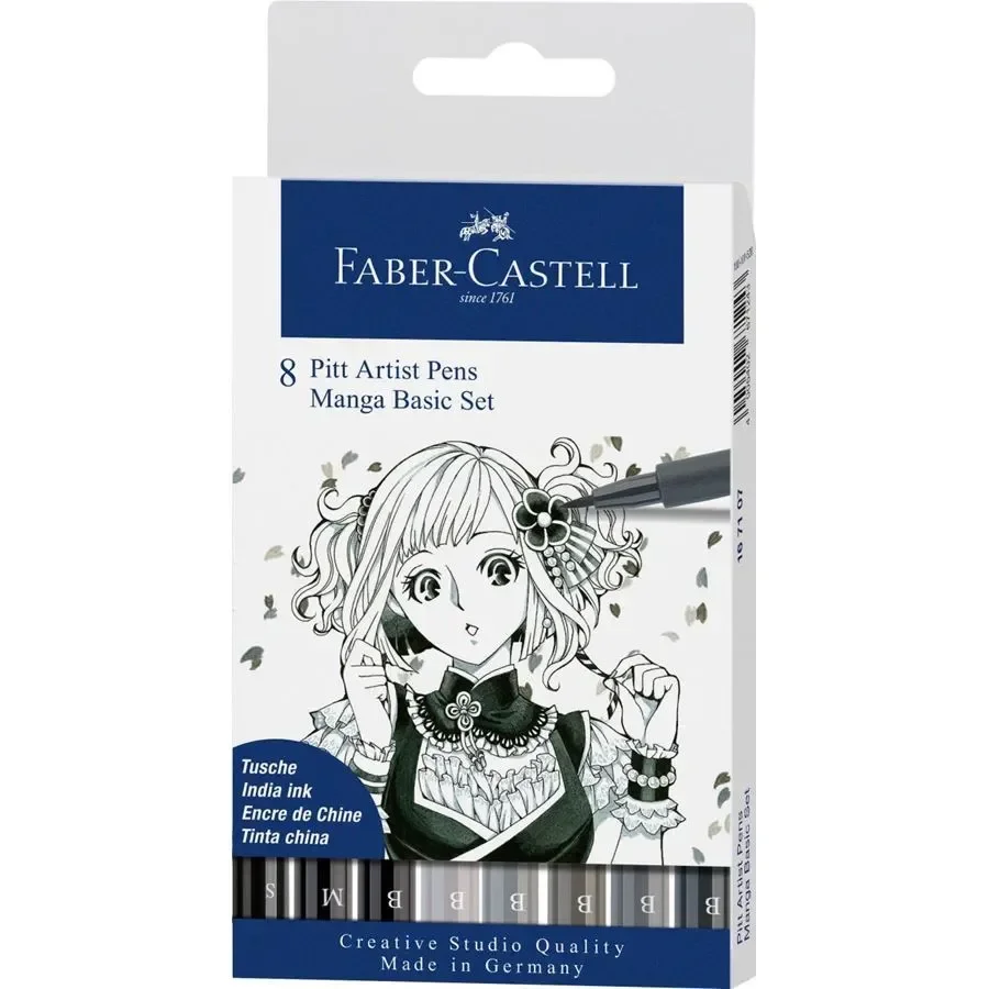 POCHETTE 8 FEUTRES PITT MANGA BASIC ENCRE DE CHINE   - FABER CASTELL